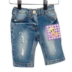 Monnalisa Tweety Bird‎ Girls' Embroidered Distressed Jeans w/ Tags Size: 3M